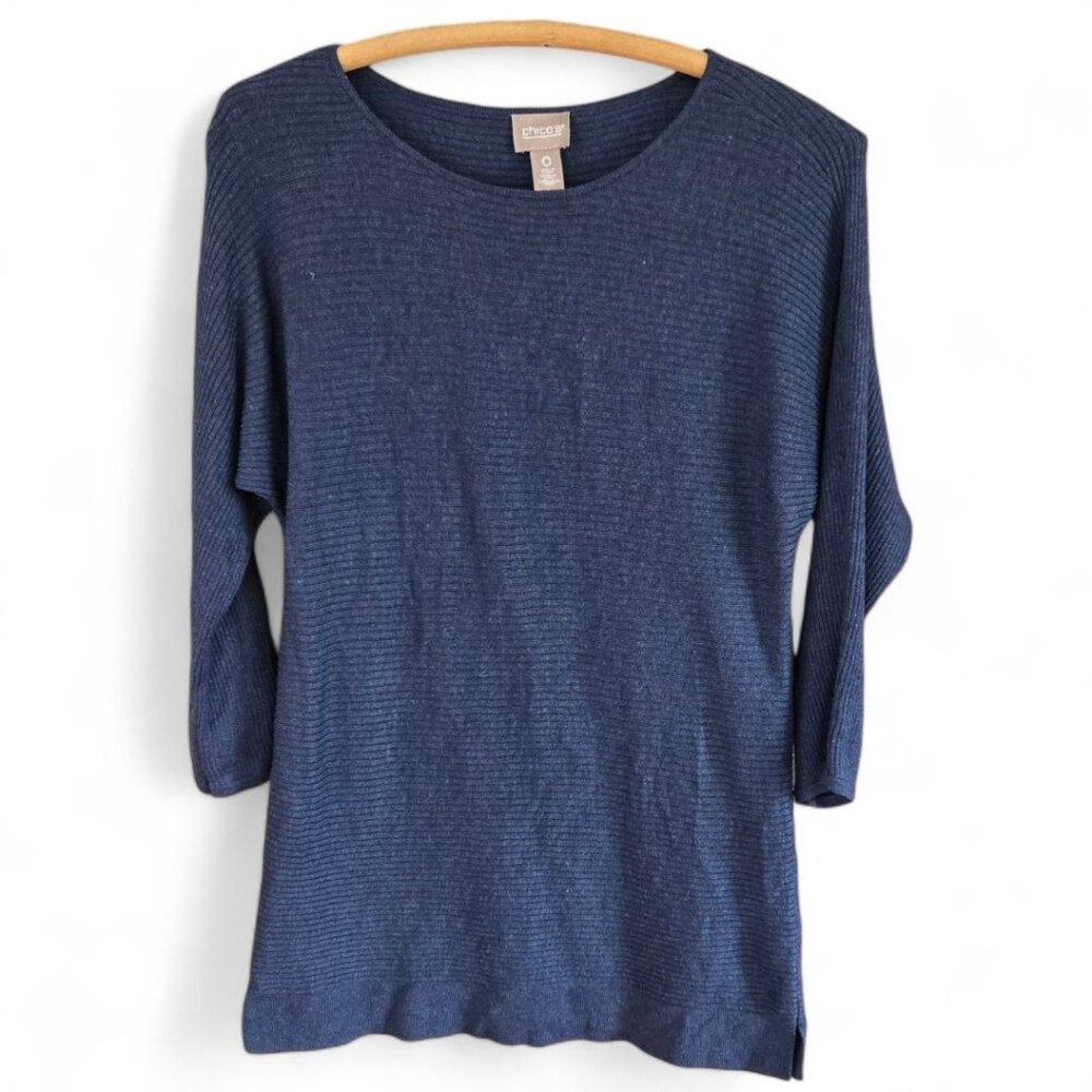 Chicos Womens Small Cashmere Blend Rib Knit Navy Blue Scoop Neck Tunic Top Shirt